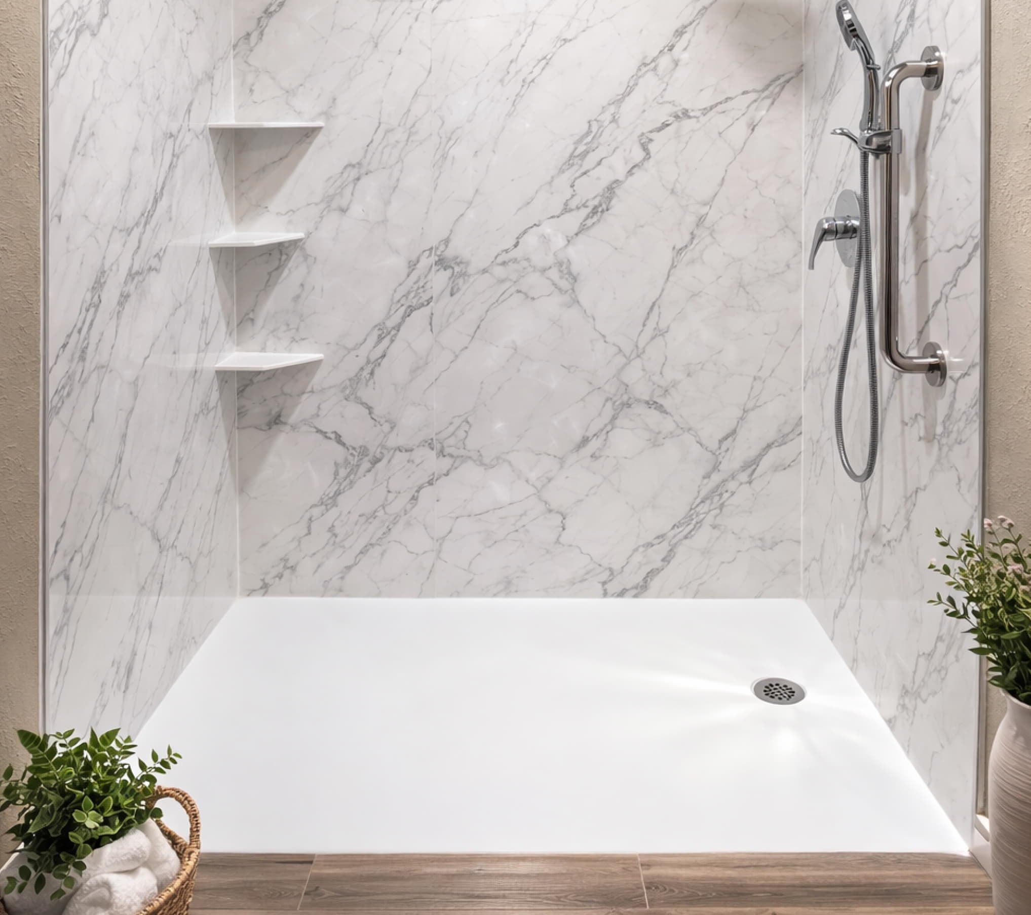 Modern curbless walk-in shower with flush floor entry